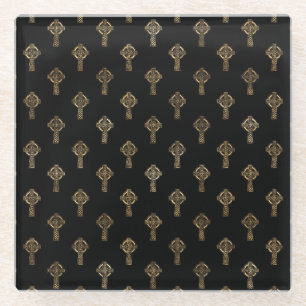 BLACK & GOLD IRISH CELTIC KNOTS & CROSSES GLASS COASTER