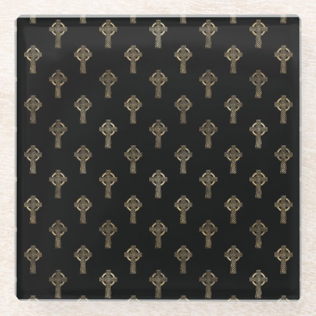 BLACK & GOLD IRISH CELTIC KNOTS & CROSSES GLASS COASTER (Front)