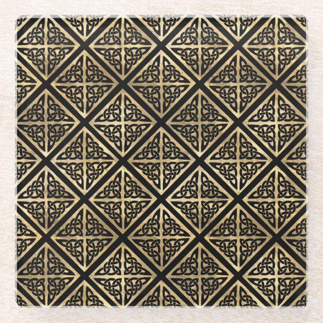 BLACK & GOLD IRISH CELTIC KNOTS & CROSSES GLASS COASTER (Front)