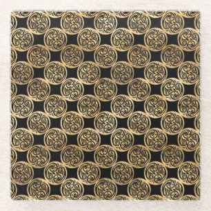 BLACK & GOLD IRISH CELTIC KNOTS & CROSSES GLASS COASTER