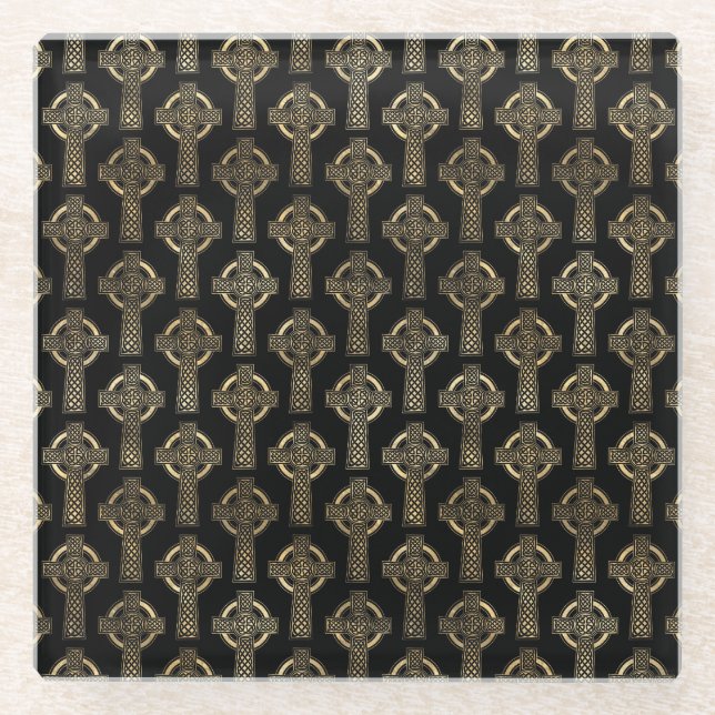 BLACK & GOLD IRISH CELTIC KNOTS & CROSSES GLASS COASTER (Front)