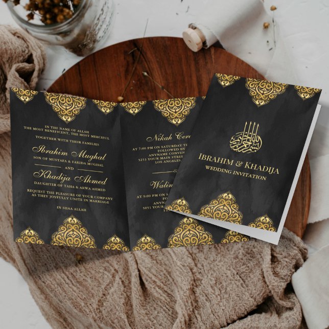 Black Gold Islamic Motif Muslim Wedding Invitation (Creator Uploaded)