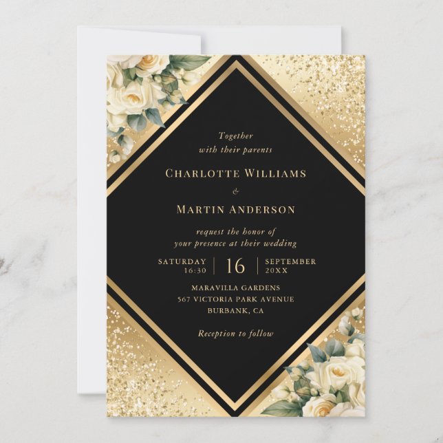 Black Gold Ivory Cream Confetti Floral Wedding Invitation (Front)