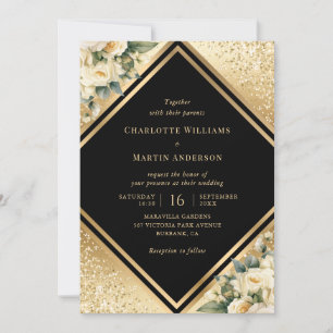 Black Gold Ivory Cream Confetti Floral Wedding Invitation