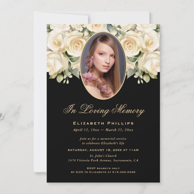 Black Gold Ivory Floral Photo Funeral Memorial Invitation (Front)
