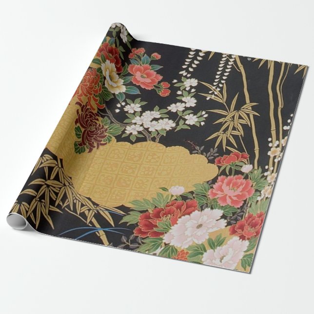 Black Gold Japanese Kimono Floral Decoupage Gift Wrapping Paper (Unrolled)
