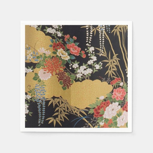 Black Gold Japanese Kimono Floral Decoupage Paper Napkin (Front)