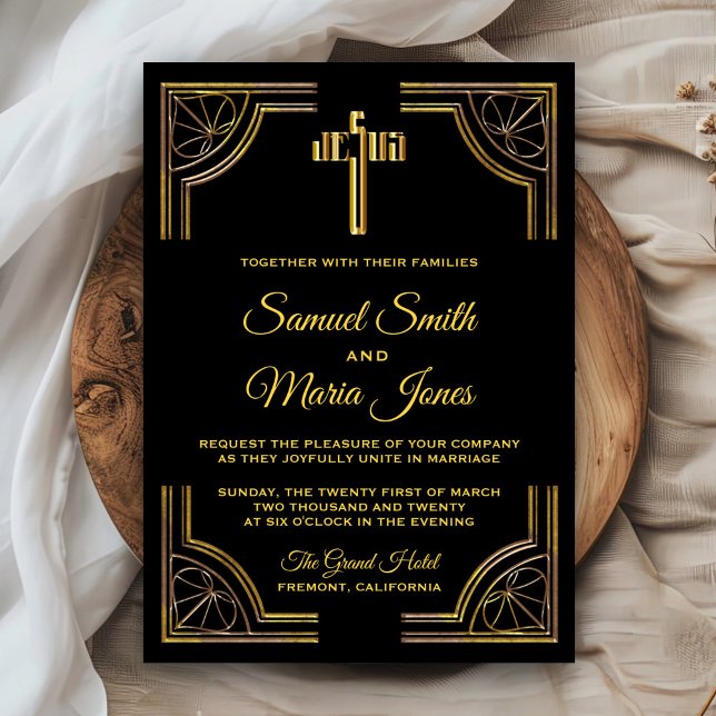 Black Gold Jesus Christ Cross Wedding Invitation (Creator Uploaded)