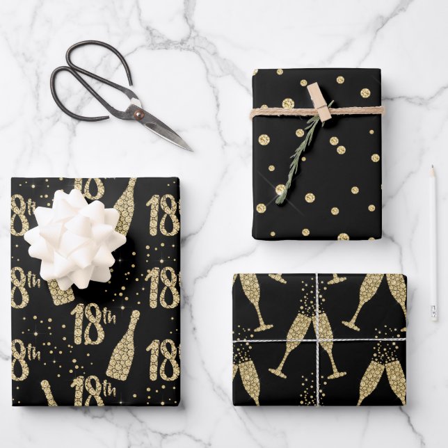 Black Gold Jewelled Champagne 18th Celebration Wrapping Paper Sheet (Front)