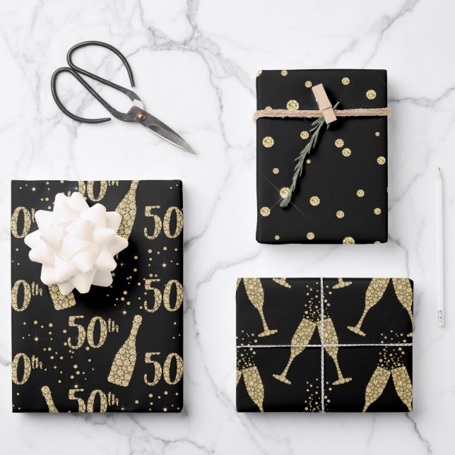 Black Gold Jewelled Champagne 50th Celebration Wrapping Paper Sheet (Front)