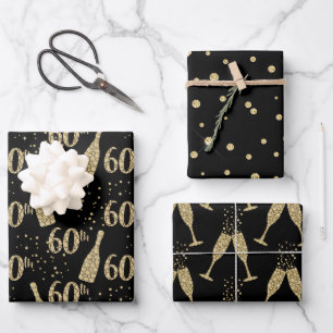 Black Gold Jewelled Champagne 60th Celebration Wrapping Paper Sheet