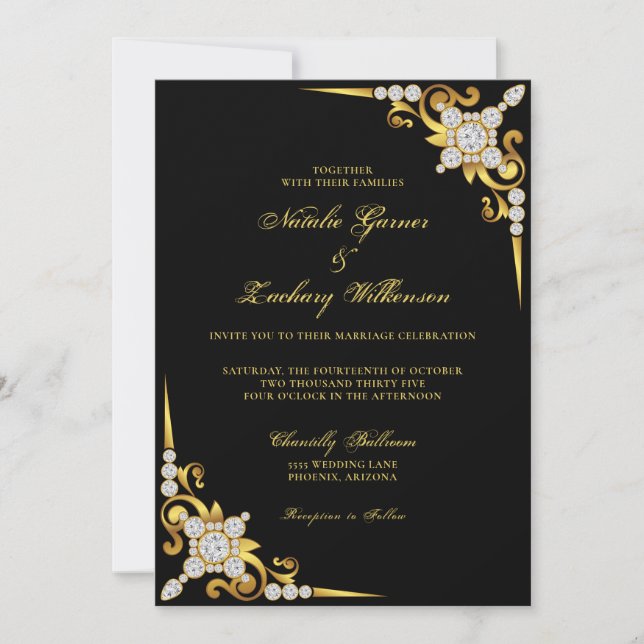 Black Gold Jewelled Luxury Wedding Invitation (Front)