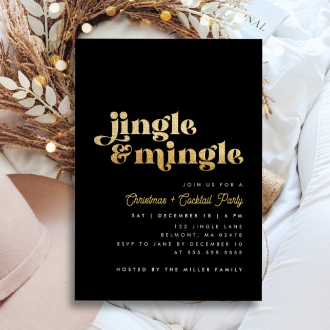 Black & Gold Jingle Mingle Modern Christmas Party Invitation (Creator Uploaded)