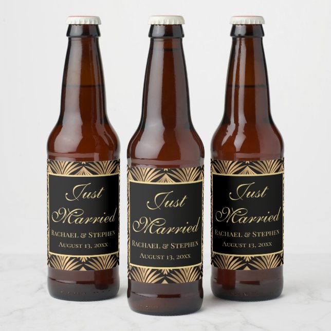Black Gold Just Married Art Deco Gatsby Wedding Beer Bottle Label (Bottles)