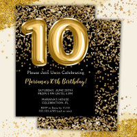 Black Gold Kids Girl 10th Birthday Party Invitatio