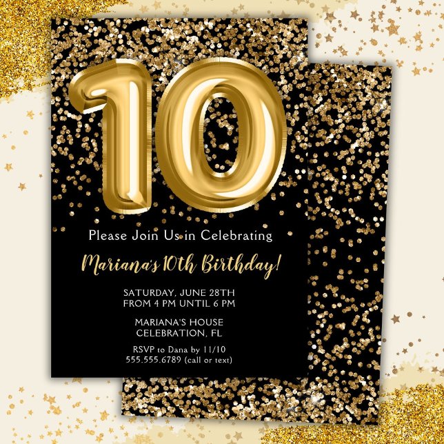 Black Gold Kids Girl 10th Birthday Party Invitatio Invitation (Creator Uploaded)