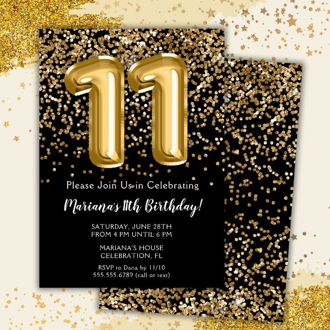 Black Gold Kids Girl 11th Birthday Party Invitation (Creator Uploaded)