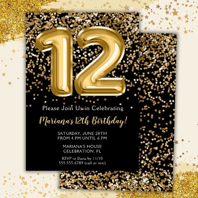 Black Gold Kids Girl 12th Birthday Party Invitatio Invitation (Creator Uploaded)