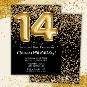 Black Gold Kids Girl 14th Birthday Party Invitation