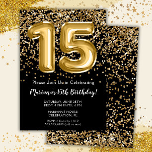 Black Gold Kids Girl 15th Birthday Party Invitation
