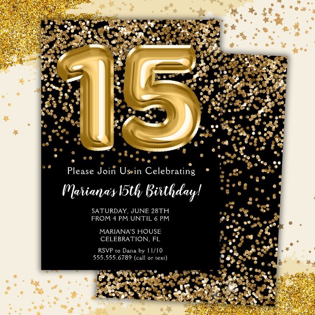 Black Gold Kids Girl 15th Birthday Party Invitation (Creator Uploaded)