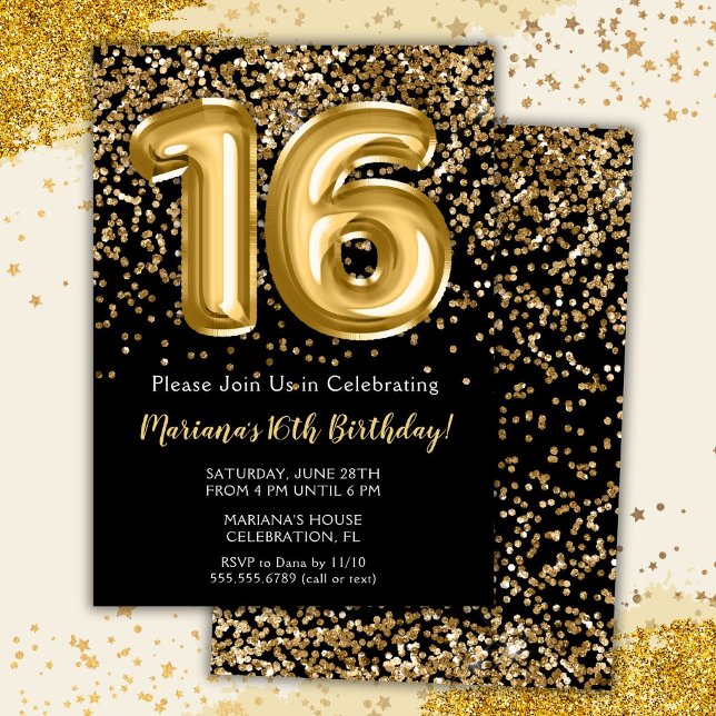 Black Gold Kids Girl 16th Birthday Party Invitatio Invitation (Creator Uploaded)