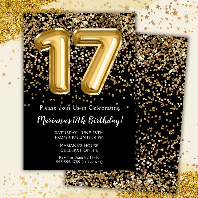 Black Gold Kids Girl 17th Birthday Party Invitation (Creator Uploaded)