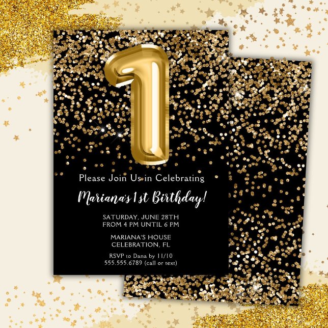 Black Gold Kids Girl 1st Birthday Party Invitation (Creator Uploaded)