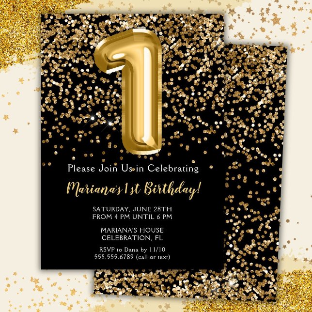 Black Gold Kids Girl 1st Birthday Party Invitation (Creator Uploaded)