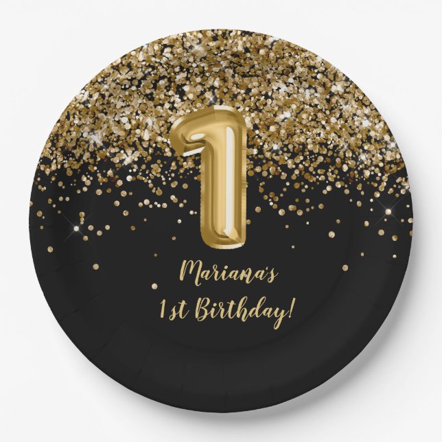 Black Gold Kids Girl 1st Birthday Party Paper Plate (Front)