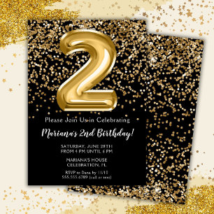 Black Gold Kids Girl 2nd Birthday Party Invitation