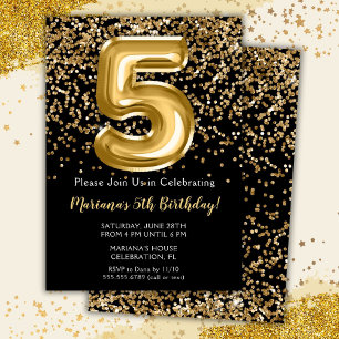 Black Gold Kids Girl 5th Birthday Party Invitation