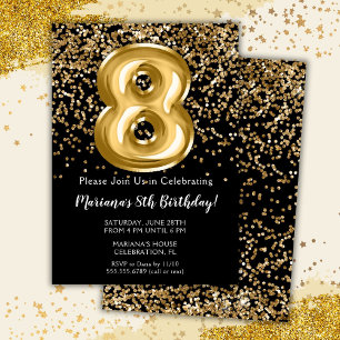 Black Gold Kids Girl 8th Birthday Party Invitation