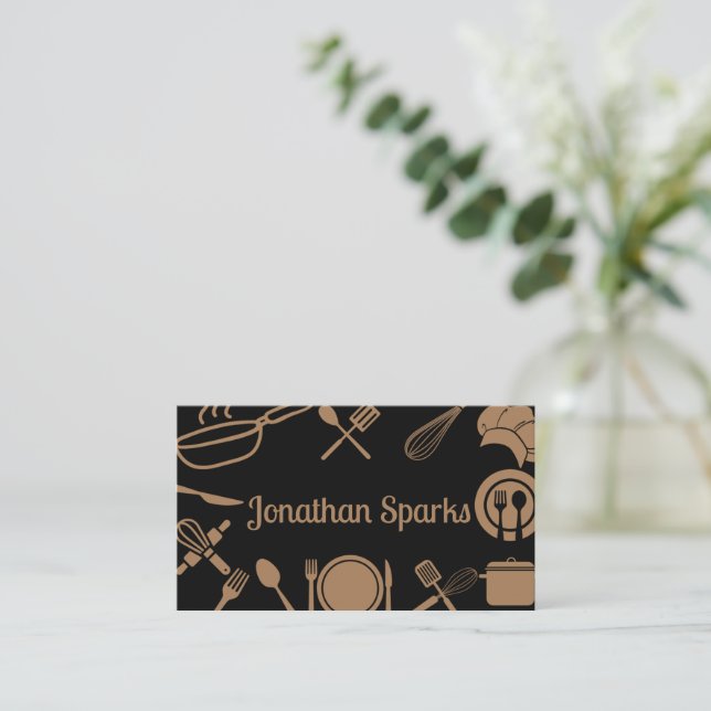 Black & Gold Kitchen Collage Business Card (Standing Front)