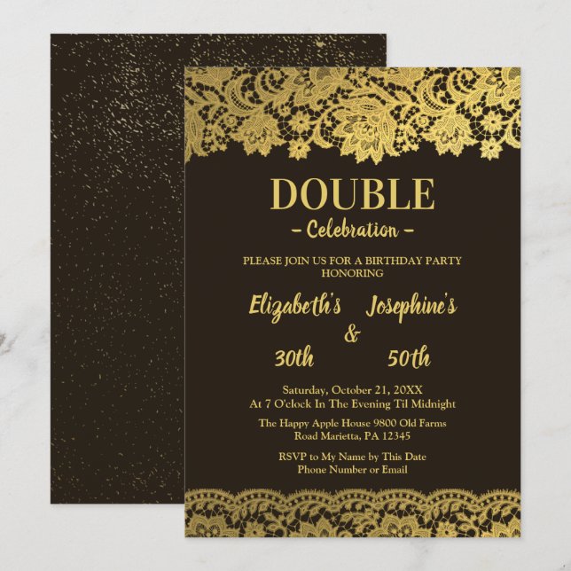 Black Gold Lace Adult double Joint Birthday Party Invitation (Front/Back)