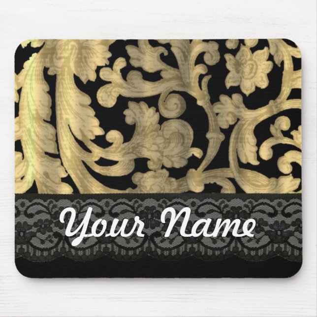 Black & gold lace damask mouse mat (Front)