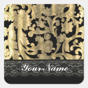 Black & gold lace damask square sticker