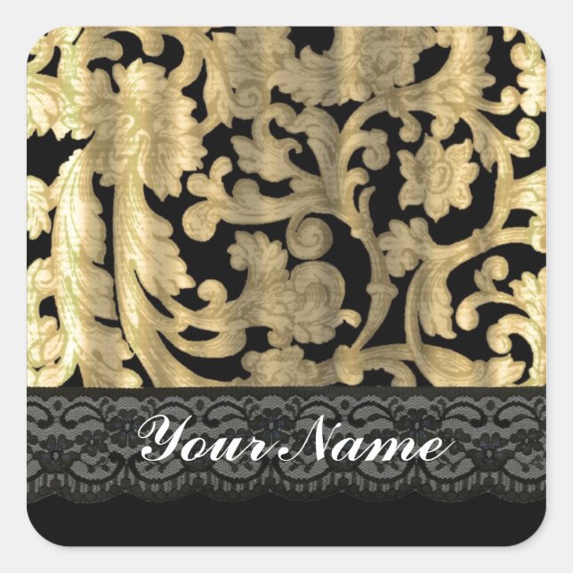 Black & gold lace damask square sticker (Front)