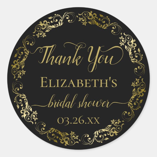 Black & Gold Lace Elegant Bridal Shower Thank You Classic Round Sticker (Front)