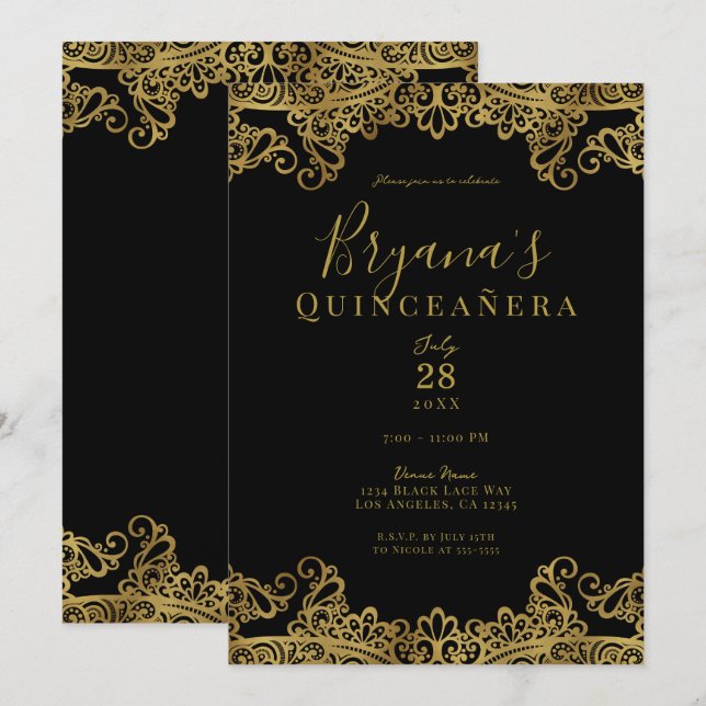 Black & Gold Lace Elegant Quinceañera Party Invitation (Front/Back)