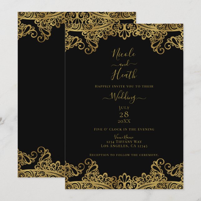 Black & Gold Lace Elegant Wedding   Invitation (Front/Back)