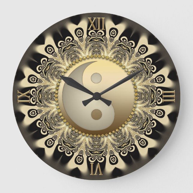 Black Gold Lace Mandala Balance YinYang Wall Clock (Front)
