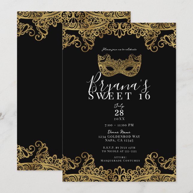 Black & Gold Lace Masquerade Sweet 16 Party Invitation (Front/Back)