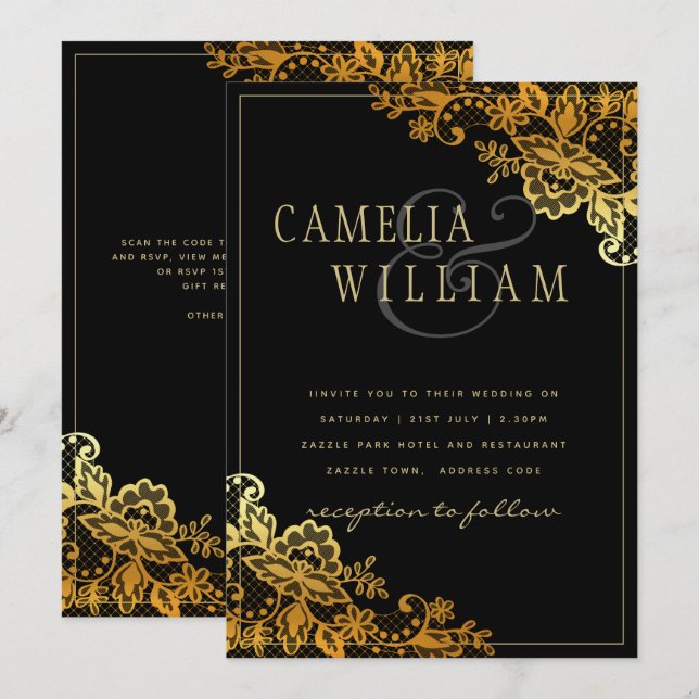 Black Gold Lace Wedding Invitations (Front/Back)