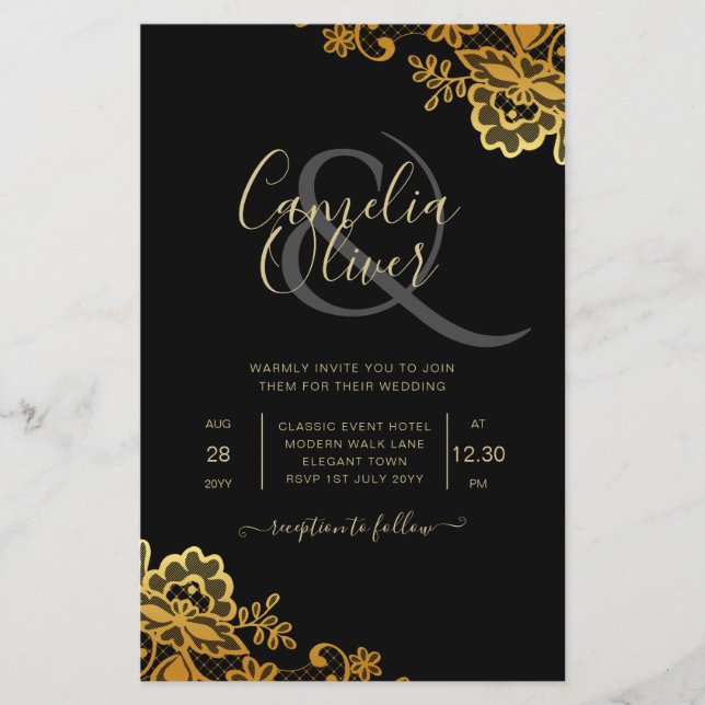 Black Gold Lace Wedding Invitations Flyer (Front)