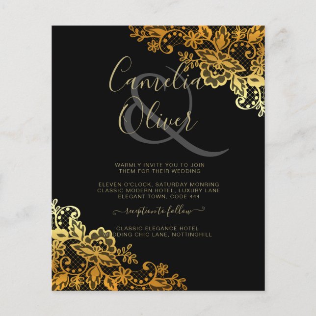 Black Gold Lace Wedding Invitations Flyer (Front)