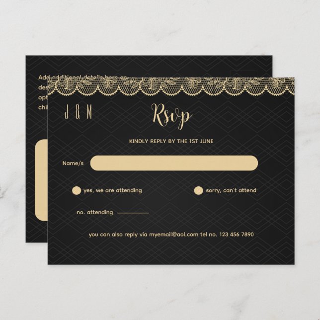 Black Gold Lace Wedding RSVP For Matching Inv Postcard (Front/Back)