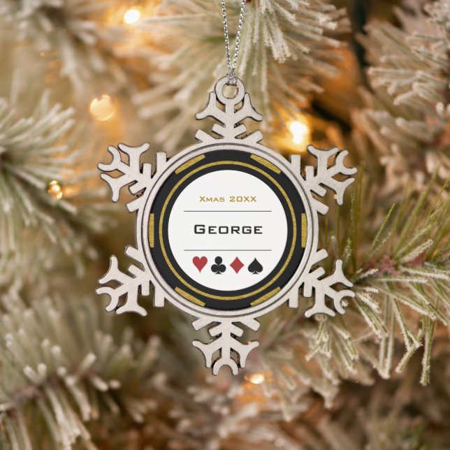 Black Gold Las Vegas Casino Poker Chip Christmas Snowflake Pewter Christmas Ornament (Tree)