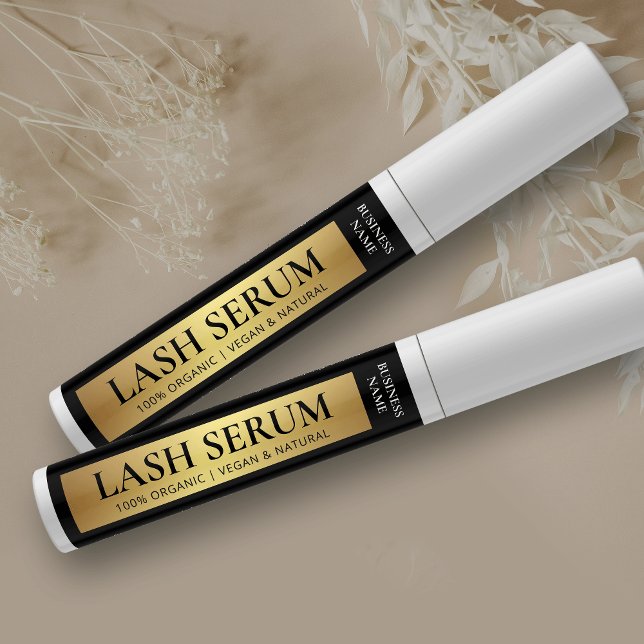 Black & Gold Lash Serum Mascara Cosmetic Tube (Elegant black and gold effect cosmetic wand tube wrap around label with fully editable text)