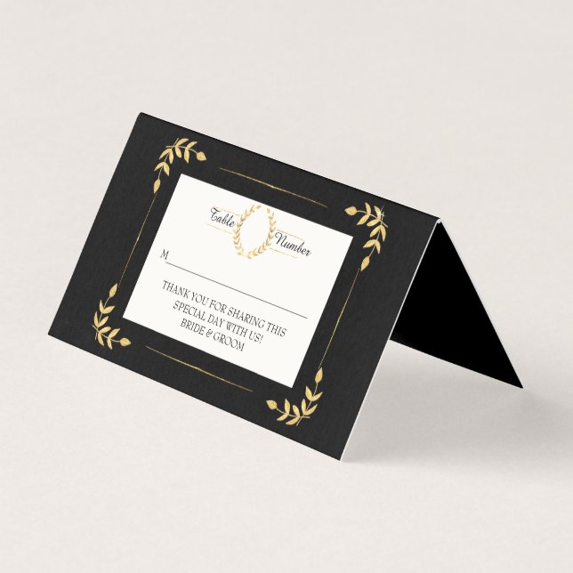 Black Gold Laurel Leaf Wreath Modern Place Card (Front)